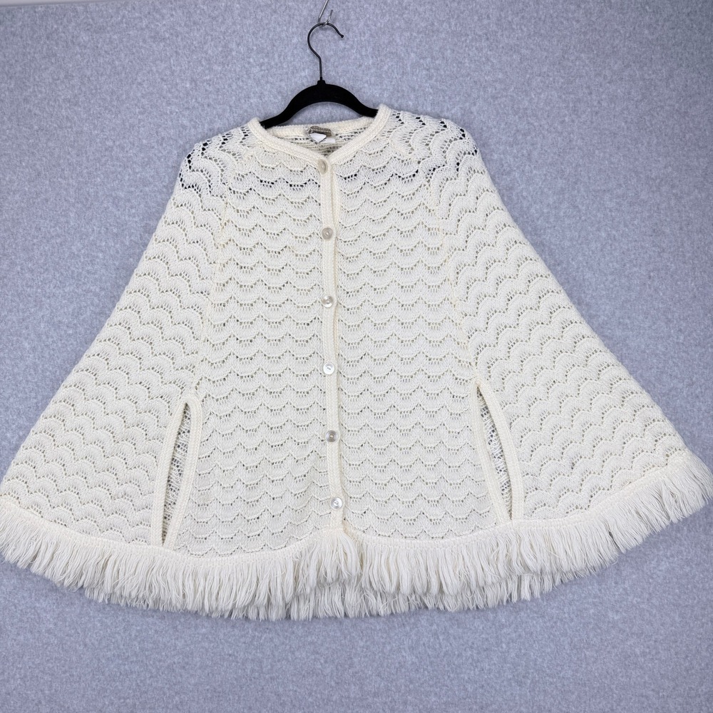 VTG Sears Knit Cape Women One Size Cream Pointelle Fringe Cottagecore Boho